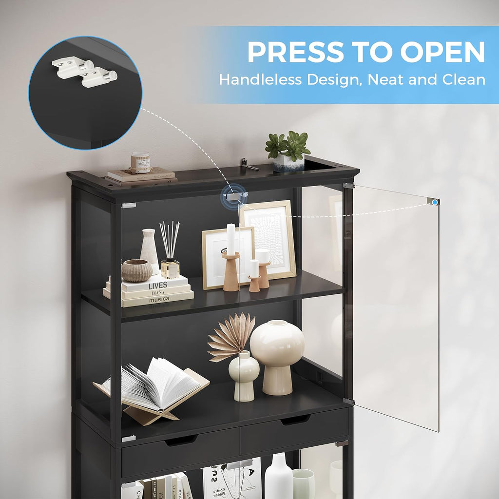 jocoevol display cabinet with glass doors, 68'' tall showing dimensions