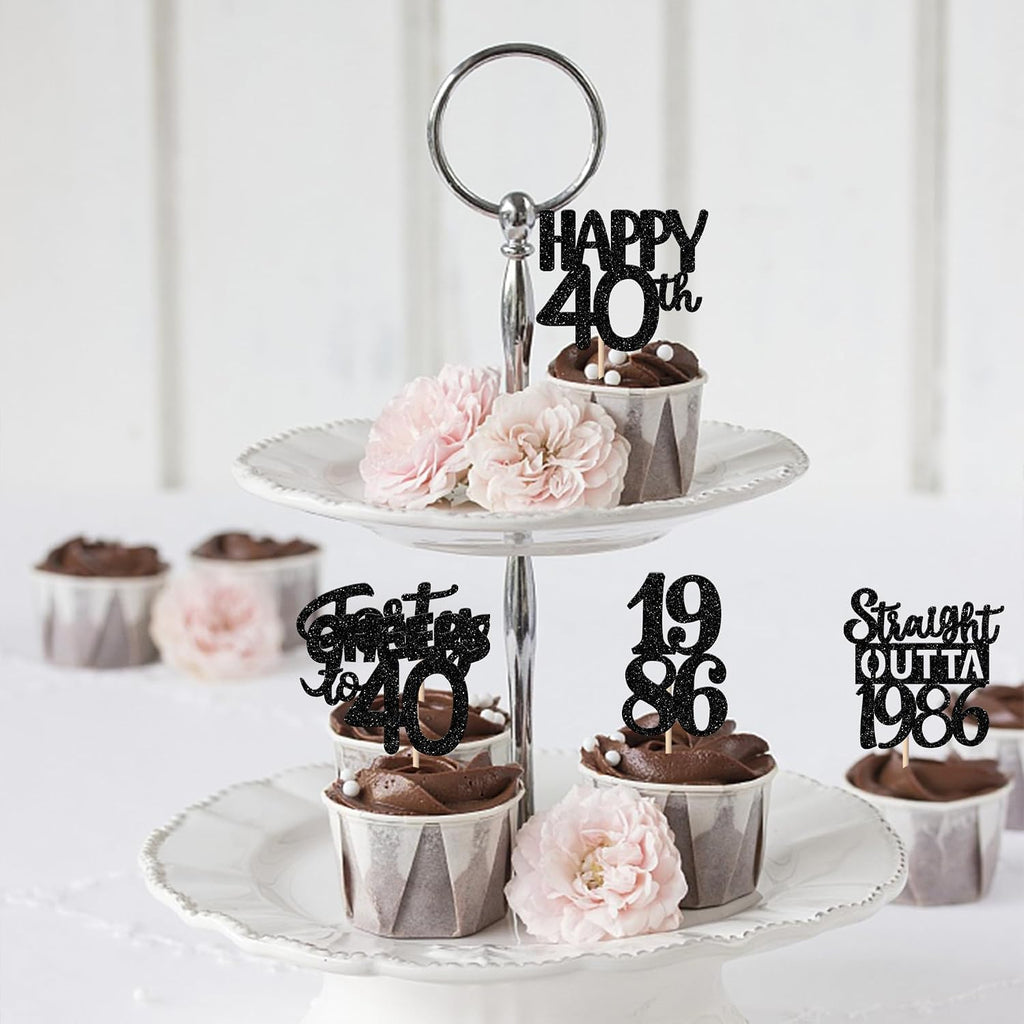30PCS Black 40th Birthday Cupcake Toppers Glitter Forty Happy 40th Straight Outta 1986 Cupcake Picks for Cheers to 40 Years 40th Birthday Wedding Anniversary Party Decorations Supplies