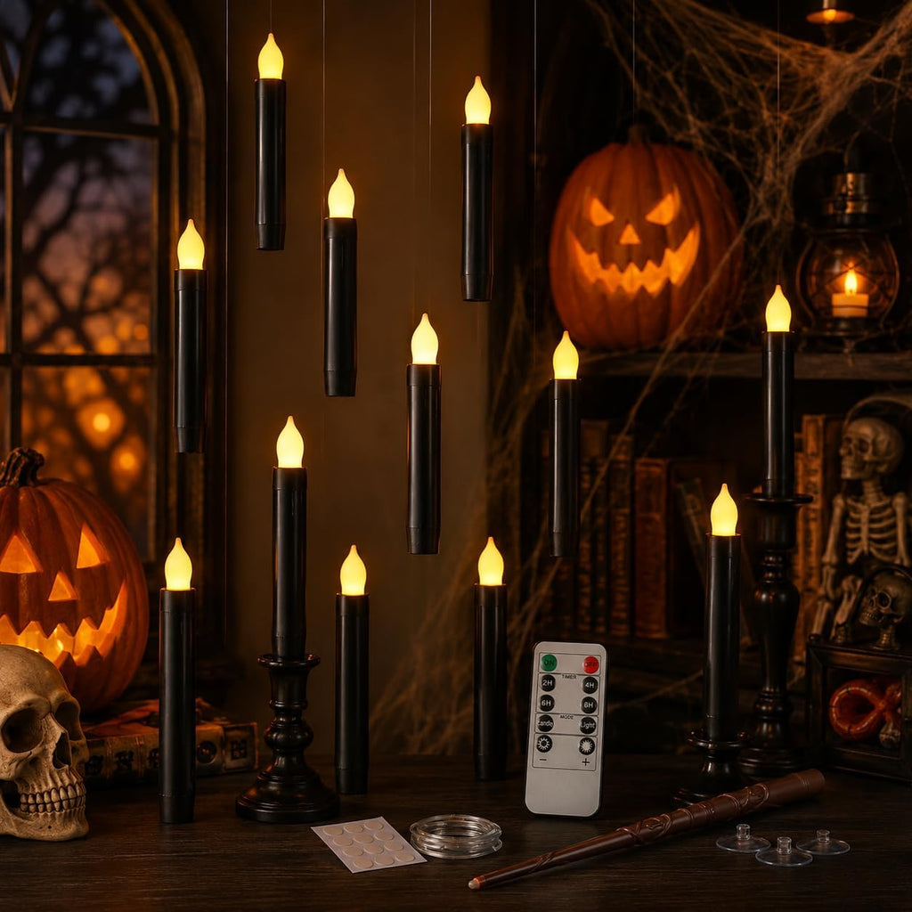 Lezonic 12Pcs Floating Candles with Wand and Remote, Magic Black Flameless Candles Battery Operated, Flikering Hanging LED Taper Candlesticks Halloween Decorations, 0.8" x 6"