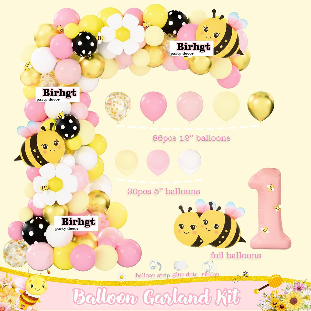 bee 1st birthday party decorations for girl, yellow, close-up detail