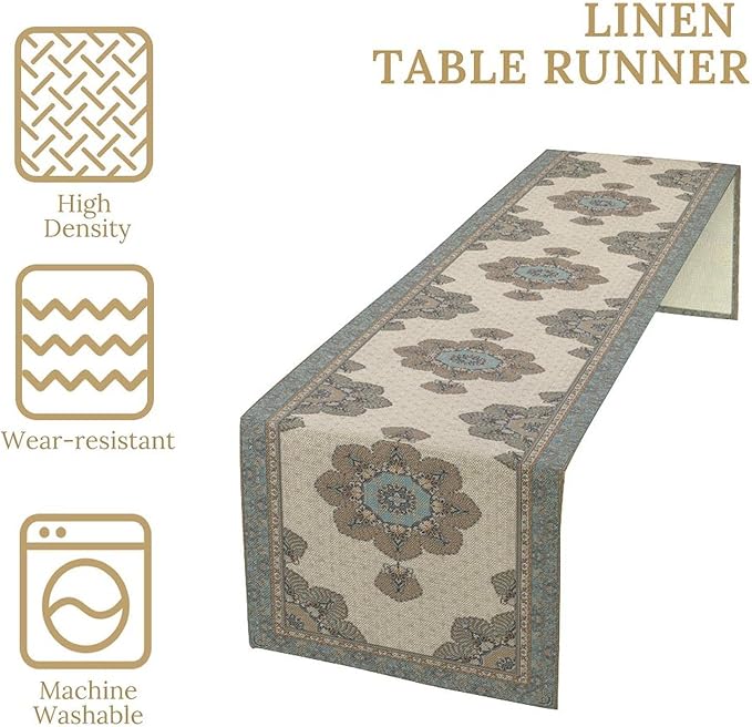 Boho Bohemia Style Table Runner, Vintage Teal Brown Retro Flower Rustic Country Style Floral Print Pattern for Home Kitchen Table Decor Dining Coffee Room Garden Party Decor 13x72in