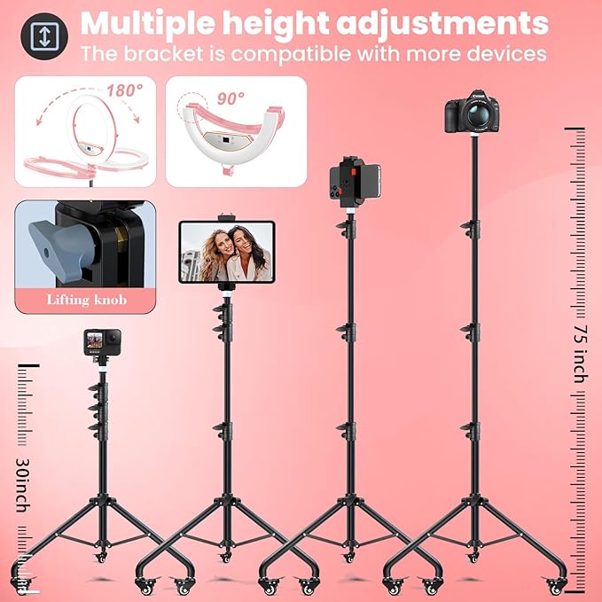 22" Foldable Ring Light with Stand for iPhone ipad, 75" Tripod with Wheels 50W 6500K LED Display/2 USB Ports Large Ringlight Rolling, Tattoo Barber Makeup Studio Video Photography Lighting(Pink)