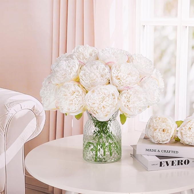 U'Artlines 20 Heads Artificial Peony Silk Flower Leaf Home Office Wedding Party Festival Bar Decor (Cream White)
