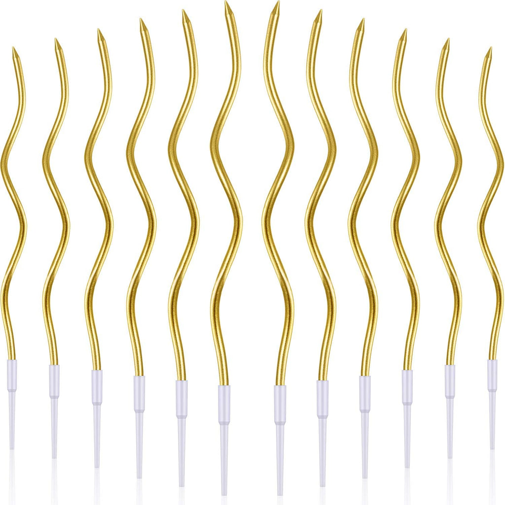 BBTO 12 Pcs Twisted Birthday Candles Spiral Metallic Cupcake Thin Long Cake Candles with Holders for Cake Topper Birthday Wedding Party Anniversary Decor(Gold)