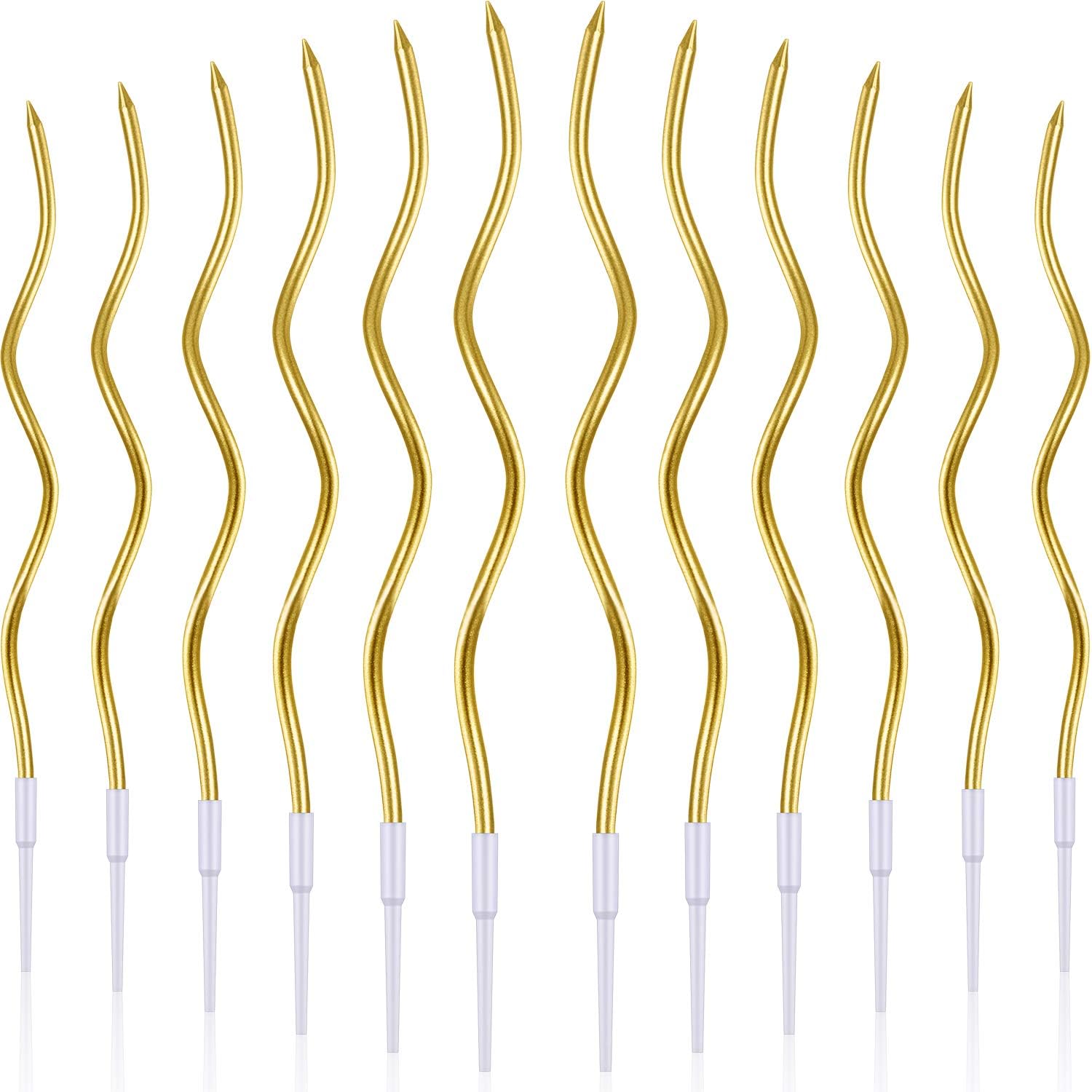 BBTO 12 Pcs Twisted Birthday Candles Spiral Metallic Cupcake Thin Long Cake Candles with Holders for Cake Topper Birthday Wedding Party Anniversary Decor(Gold)