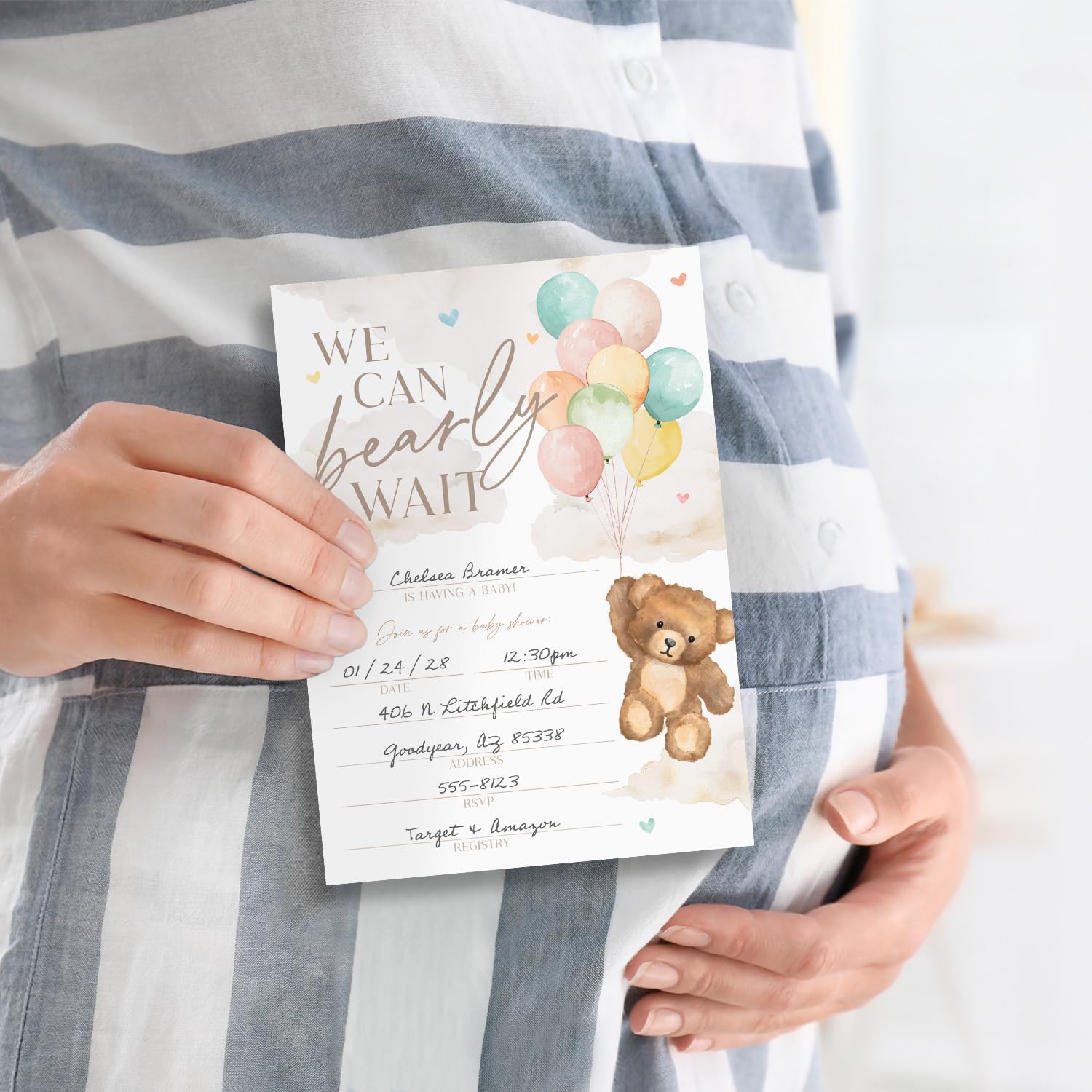 We Can Bearly Wait Baby Shower Invitations / 25 Barely Wait Teddy Bear Gender Neutral Baby Shower Invites With White Envelopes / 5" x 7" Flat Fill In Gender Reveal Boy Or Girl Invitation Cards / Made In The USA