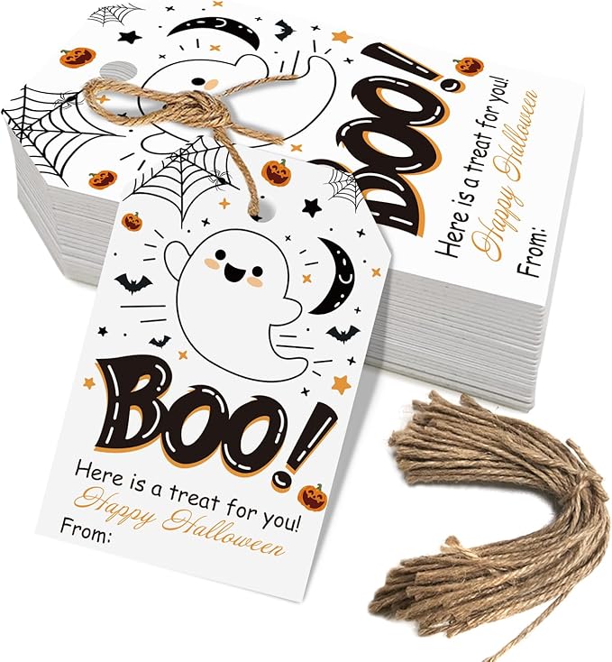 Aukolass 50Pcs Boo Gift Tags, Halloween Treat Tag for Spooky Ghost Party Favor and Gift Wrapping Decoration (Boo)