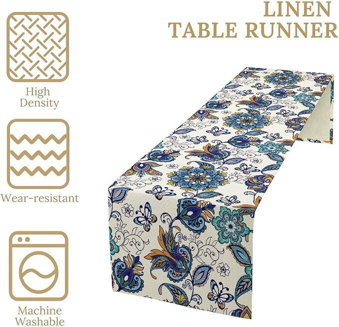Oriental Paisley Table Runner, Luxury Vintage Blue Teal Floral Butterflies Print Table Runner for Home Dining Kitchen Coffee Table Party Decor, 13x36inch