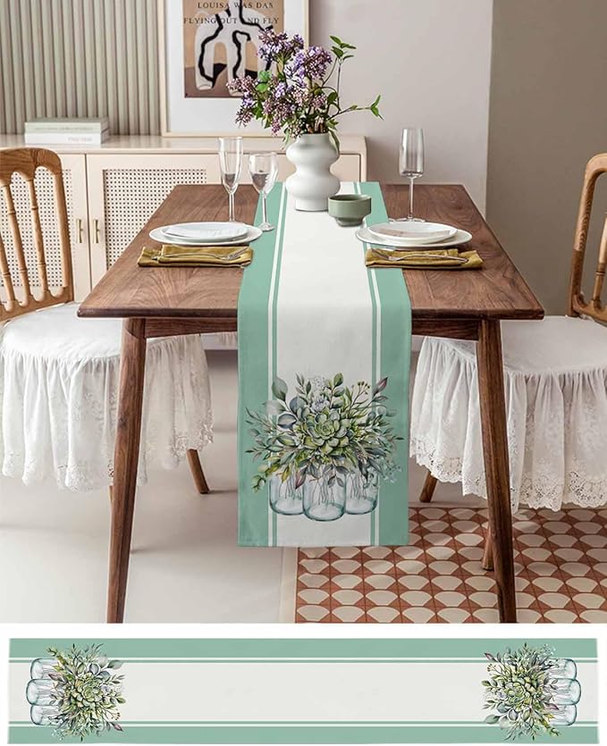 Eucalyptus Cotton Linen Table Runner for Dining Kitchen, Wedding Outdoor Party Tablerunners Decoration, Green Leaves Botanical Plants Watercolor Dresser Scarf Coffee Tablecloth Runners 13x36 Inches