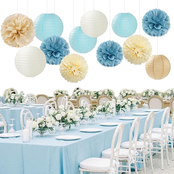 Dusty-Blue Champagne Party-Decorations Paper-Flowers Lanterns - 15pc Boho Beige Gold Tissue Pom Poms Streamers,Birthday Bachelorette Bridal Baby Shower Engagement Wedding Graduations Decor Panduola