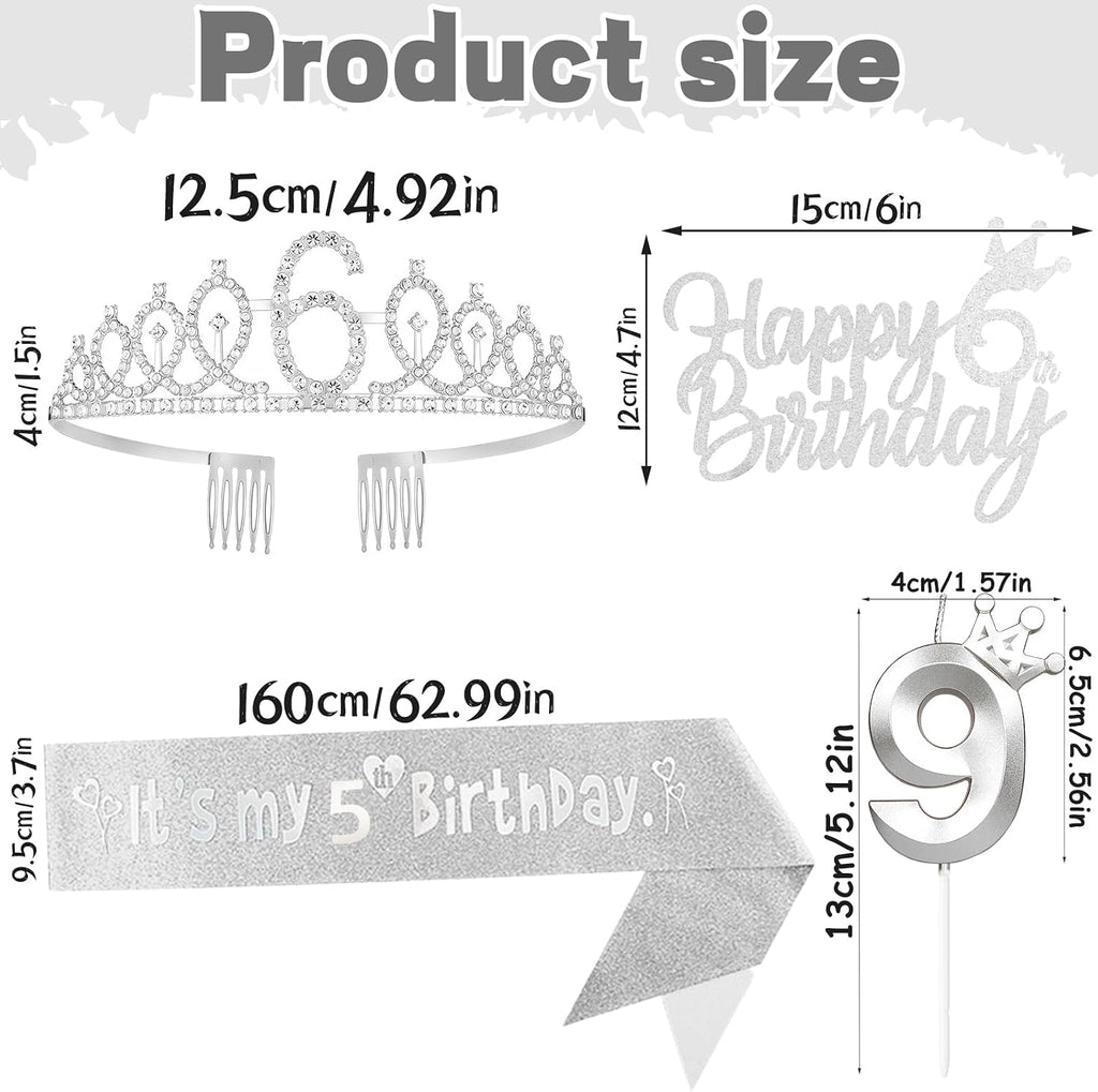 Silver Birthday Party Decorations Including Birthday Crown/Tiara, Sash, Number 9 Candle and Cake Toppers, 9 Year Old Birthday Gift Ideas