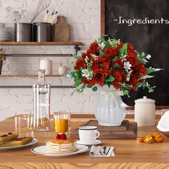 LESING Artificial Rose Silk Hydrangea Flowers Bouquets with Vase Rustic Fake Flowers for Home Decoration Table Centerpiece (Claret Red)