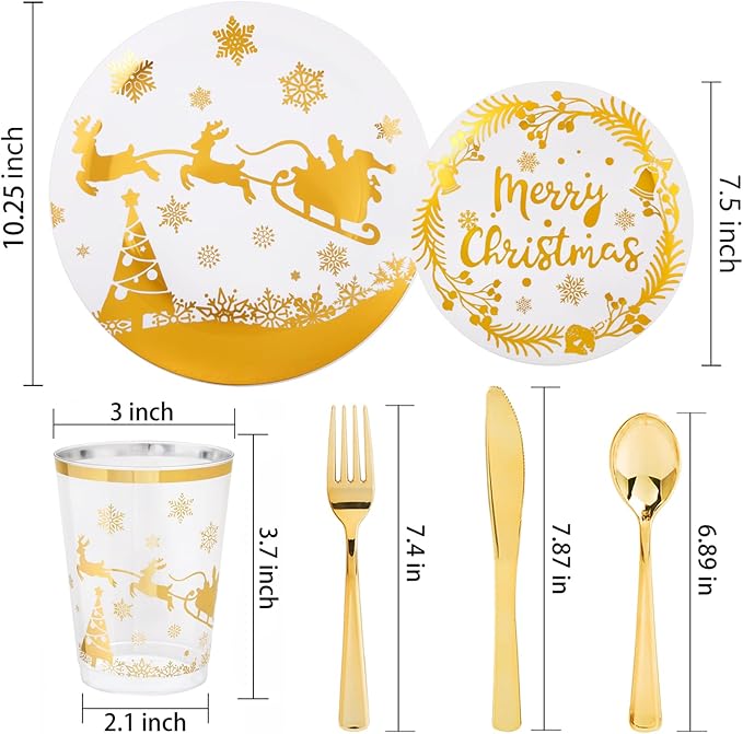 Supernal 150pcs Christmas Plates, Christmas Plastic Dinnerware include Gold Plastic Plates,Gold Plastic Silverware,Gold Plastic Cups, Christmas Party Plates for 25 Guests