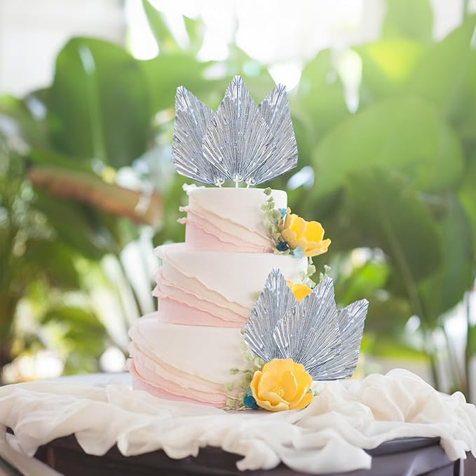 Ephlyn 6Pcs Paper Palm Leaves Fan Cake Toppers Palm Leaf Fan Cake Picks Craft DIY Fan Cupcake Toppers Palm Spear Leaves Cake Decorations for Baby Shower Wedding Birthday Party Supplies Bright Silver