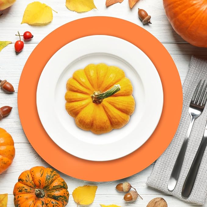 50 Pieces Orange Paper Place Mats Fall Pumpkin Spice Color Round Disposable Table Mats Thankgiving Decorative Placemats for Orange Party Supplies Home Dining Tableware Decor