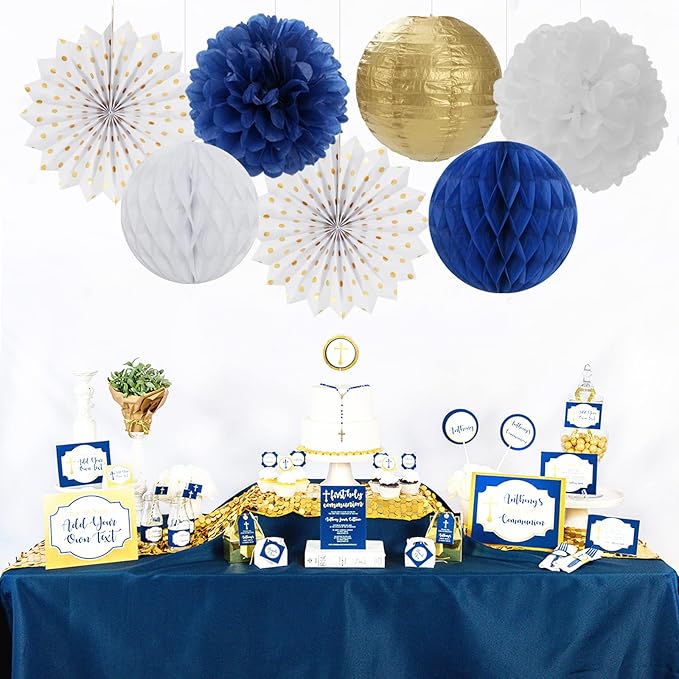 Navy-Blue White Gold Party Decorations - 14pcs Kits Paper Lanterns Fan,Tissue Flower Pom Poms Streamers,Honeycomb Balls,Graduation 2025 Men Birthday Wedding Baby Bridal Shower Decor Lasting Surprise