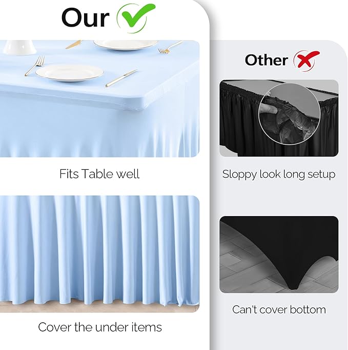 2 Pack Baby Blue Spandex Table Clothes for 6 Foot Rectangle Tables, 6FT Wrinkle Free Fitted Tablecloths Ruffles Design Table Cover for Party, Banquet, Wedding and Events