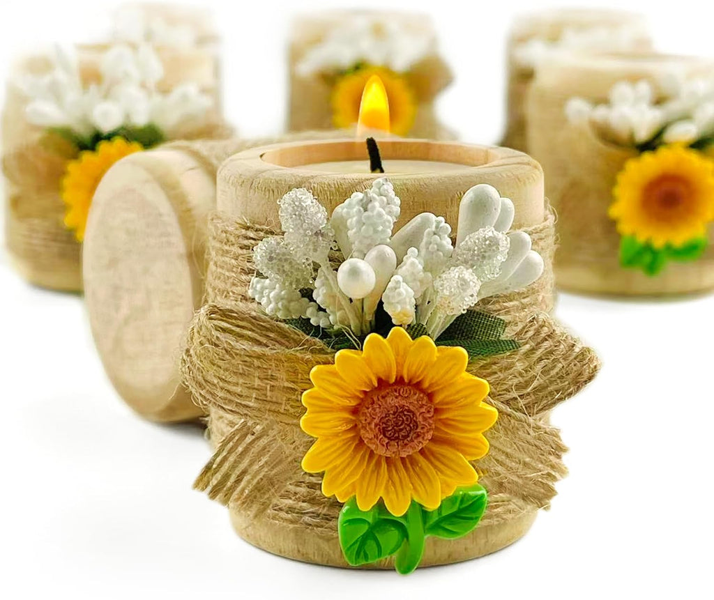 24 Pack Sunflower Wood Tealight Handmade Candle Holders - Wedding, Baby Shower, Baptism Favors & Centerpieces, Cylinder Candles Decorations