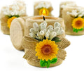 24 Pack Sunflower Wood Tealight Handmade Candle Holders - Wedding, Baby Shower, Baptism Favors & Centerpieces, Cylinder Candles Decorations