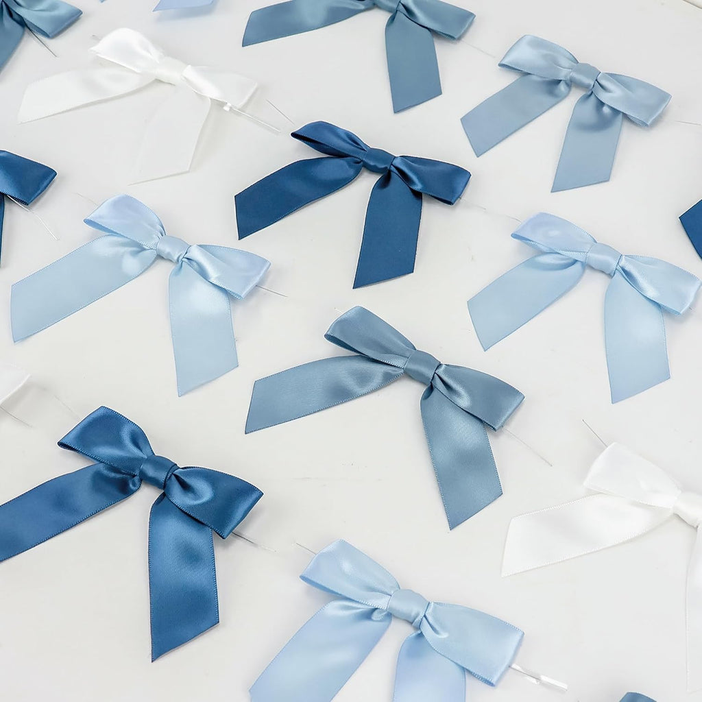 AIMUDI 5 Colors Dusty Blue Twist Tie Bows 3.5" Premade Blue Satin Ribbon Bows for Gift Wrapping Pre-Tied Treat Bows for Wedding Decor, Bridal Shower, Baby Shower, Wreaths, Party Favors - 50 Counts