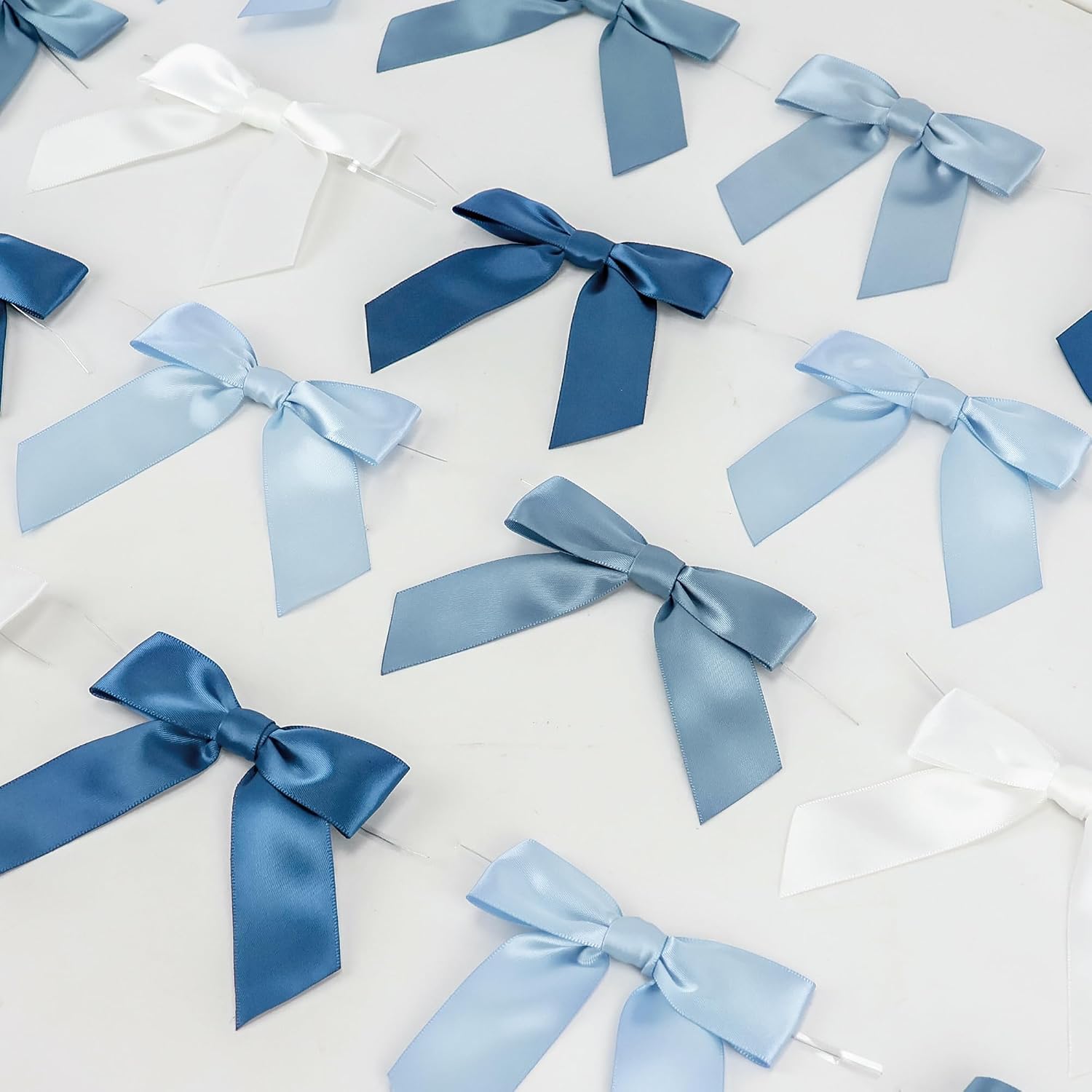AIMUDI 5 Colors Dusty Blue Twist Tie Bows 3.5" Premade Blue Satin Ribbon Bows for Gift Wrapping Pre-Tied Treat Bows for Wedding Decor, Bridal Shower, Baby Shower, Wreaths, Party Favors - 50 Counts
