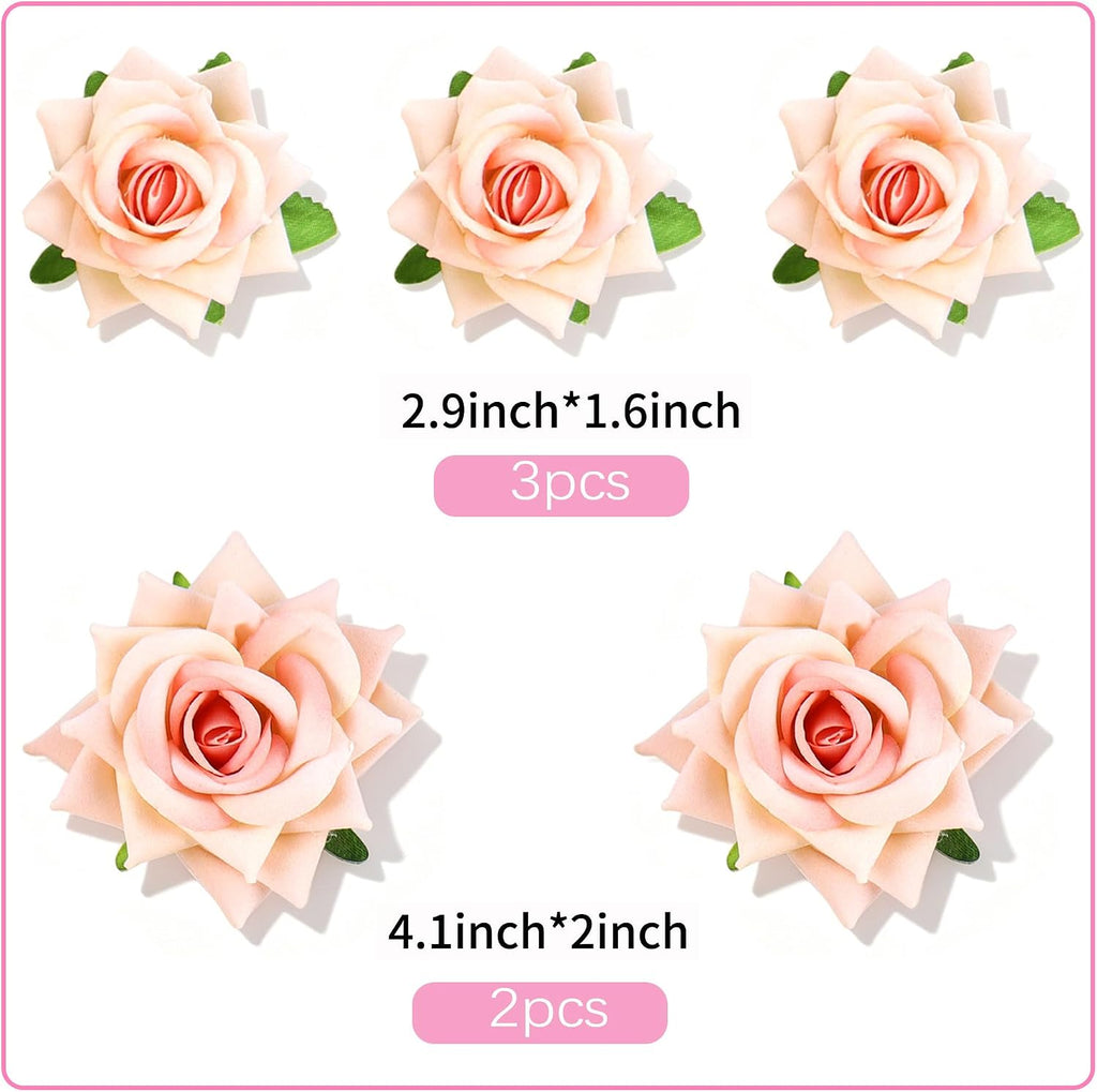 5Pcs Champagne Flower Cake Topper Artificial 3D Flowers Cake Decoration | Artificial Champagne Rose Flower, Different Sizes 3D Flowers Table Decorations,Bridal Shower, Wedding Anniversary Cake Decors
