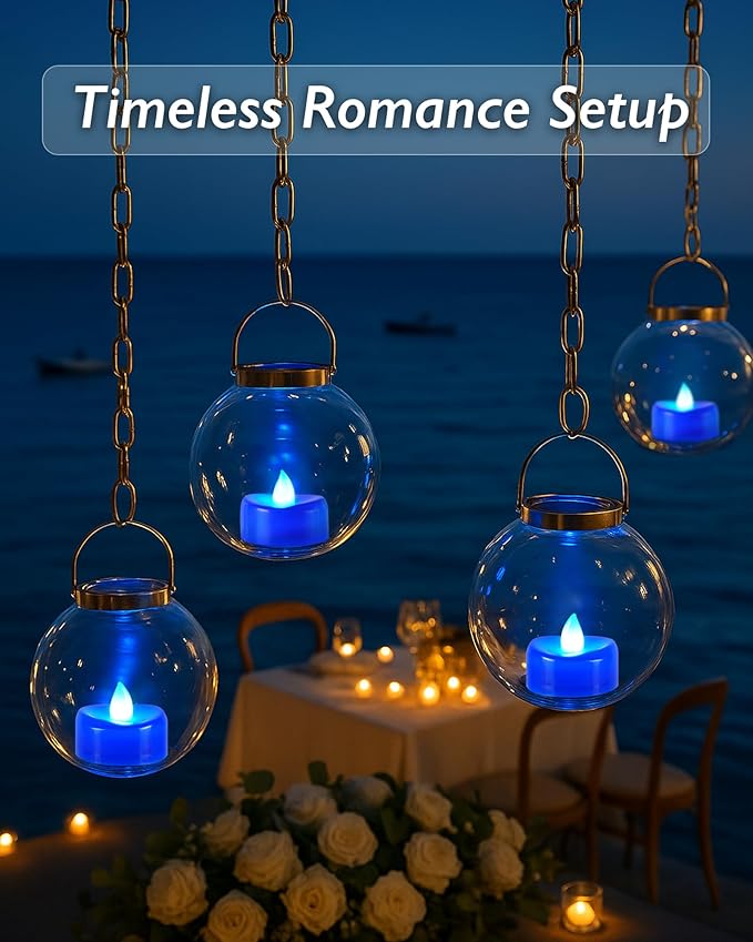 Raycare Blue LED Tea Lights Battery Operated, 200+Hour Flickering Votive Candles,Realistic Fake Flameless Tea Lights for Wedding Party Halloween Thanksgiving Christmas Decorations, 24 Pack