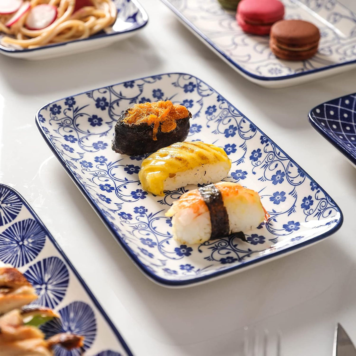 Selamica Ceramic 8 inch Rectangular Salad Plates Set of 6, Vintage Blue