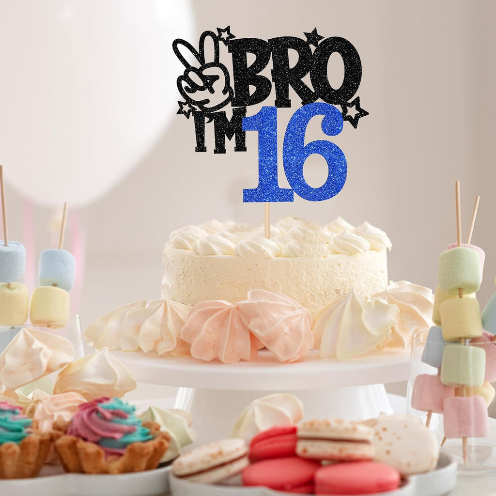 1 PCS Brother I'm 16 Cake Topper Glitter Star Happy 16th Birthday Cake Pick Bro I'm 16 Cake Decoration It's My 16th Birthday Decorations for Boys Cheers to 16 Years Old Birthday Party Supplies Blue