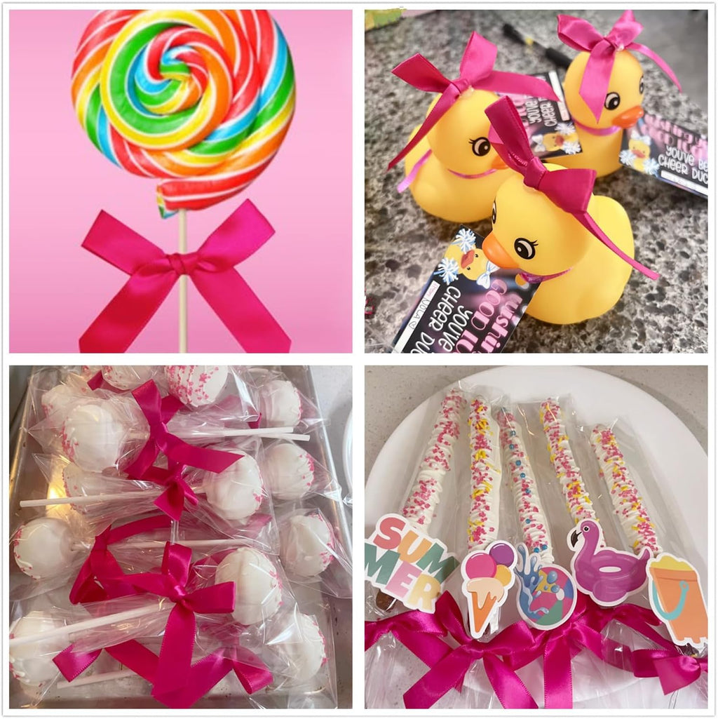 60 PCS 3 Inch Rose Pink Twist Tie Bows for Treat Bags, Twist Ties with Bows, Satin Twist Tie Bows for Cake Pop, Pretied Bows with Twist Ties, Bow Ties for Gift Bags, Cookie Bags, Popcorn Bags