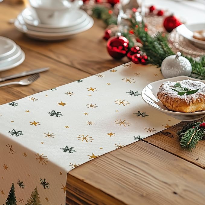 GEEORY Christmas Table Runner 13x90 Inch, Xmas Tees Snowflakes Holiday Decorative Farmhouse Table Decoration for Kitchen Dinning, Indoor Outdoor Dinner Party Decor (Light Green) GT166-90