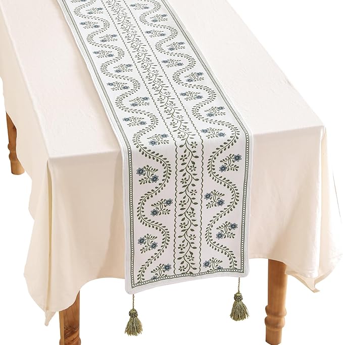 ISAENNE Designer White Elegant Linen Extra Long Table Runner 118 Inches,Chinoiserie Floral Decor Durable Table Runners for Dining Tables,Thanksgiving,Kitchen Tables,Christmas,12"*118"-Mosella D