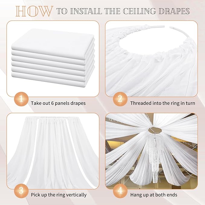 6 Panels White Ceiling Drapes for Wedding 5ftx15ft Sheer Drapery Chiffon Fabric Arch Draping Curtains for Party Ceremony Birthday Baby Shower Reception Stage Ceiling Decorations