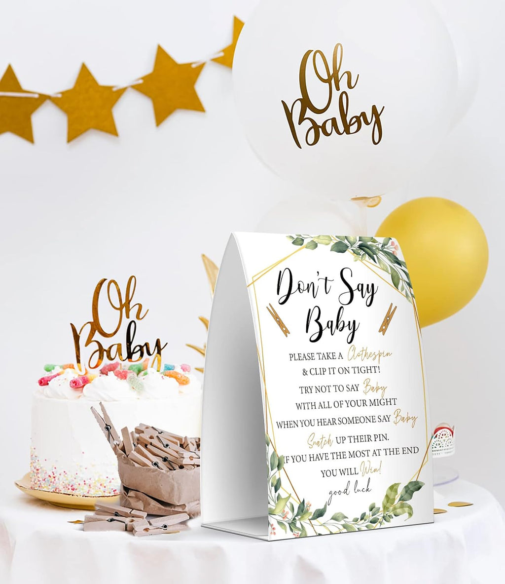 Don't Say Baby Set - One 5x7 Sign and 50 Mini Clothespins, Baby Shower Games, Baby Shower Decoration, Gender Neutral Baby Shower - MsJb013