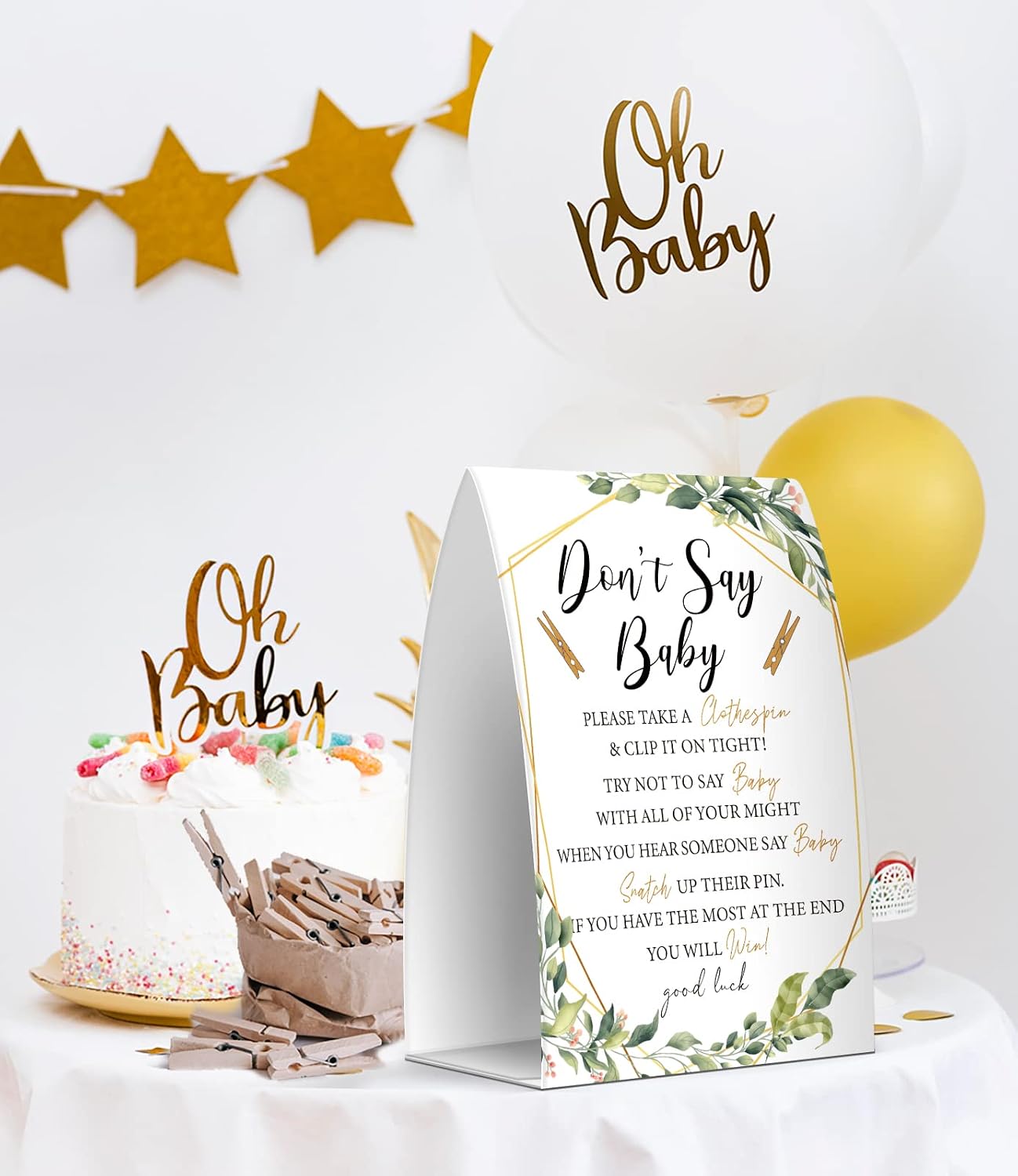 Don't Say Baby Set - One 5x7 Sign and 50 Mini Clothespins, Baby Shower Games, Baby Shower Decoration, Gender Neutral Baby Shower - MsJb013