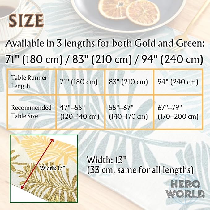 Monstera Leaf Table Runner – Elegant Fabric Table Centerpiece, Machine Washable, Gold or Green, 71"/83"/94" Length, 13" Width (Green/71)