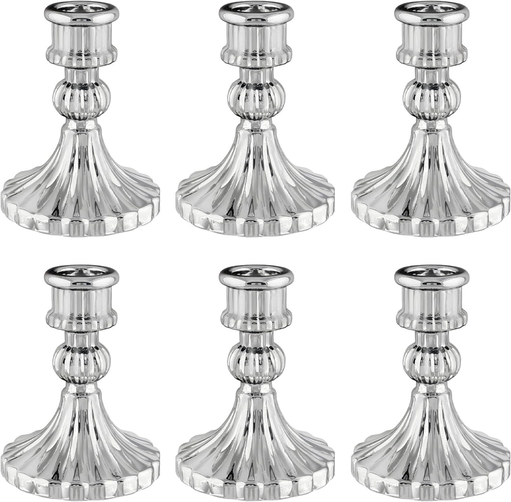 Silver Glass Candlestick Holders, Taper Candle Holders, Set of 6 | Silver glass for taper holders, ideal for wedding centerpieces, parties, dining tables, Thanksgiving and Christmas home decor