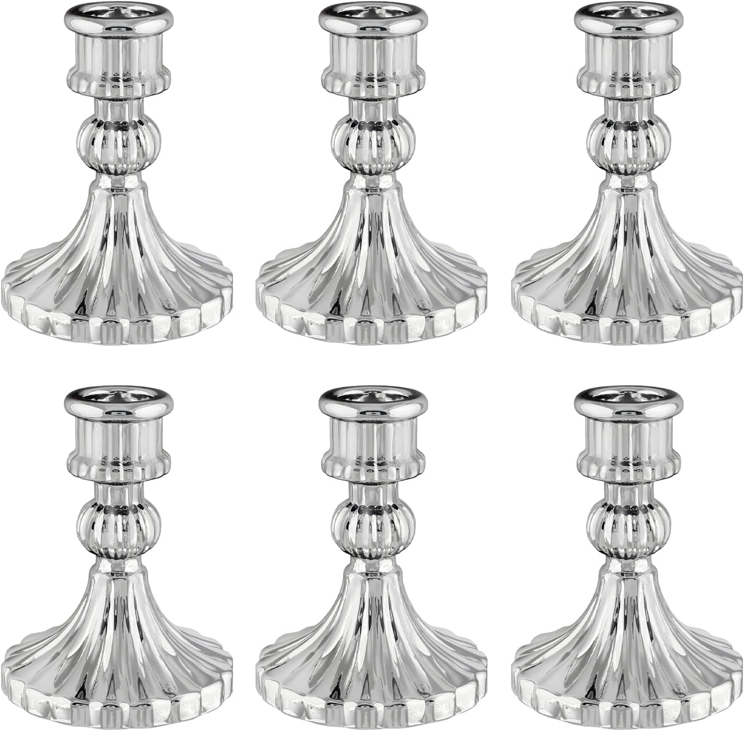 Silver Glass Candlestick Holders, Taper Candle Holders, Set of 6 | Silver glass for taper holders, ideal for wedding centerpieces, parties, dining tables, Thanksgiving and Christmas home decor