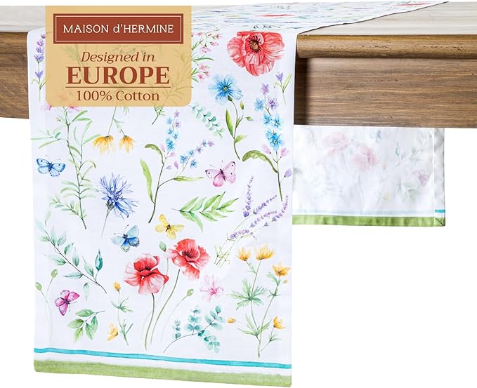 Maison d' Hermine Table Runner 100% Cotton Single Layer Table Runners 72 inches Long Decorative for Kitchen Dining Party Baby Shower Wedding Bridal Shower Spring Summer (Just Floral, 14.50" x 72")
