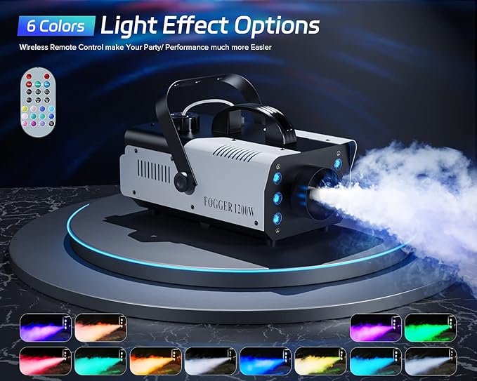 1200W RGB Fog Machine, 6 Colorful LED Lights for Smoke Machine Indoor/Outdoor Use, Perfect for Parties, Weddings, and Stage Effects