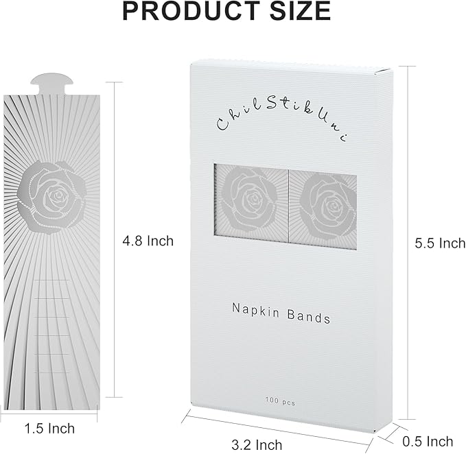 Polymer Material Reusable Napkin Band, Glue-Free Tear-Proof Water Resistant Oil-Proof Napkin Bands Set of 100(Front Silver Rose and Back Silver Color), 6 Adjustable Sizes Napkin Rings