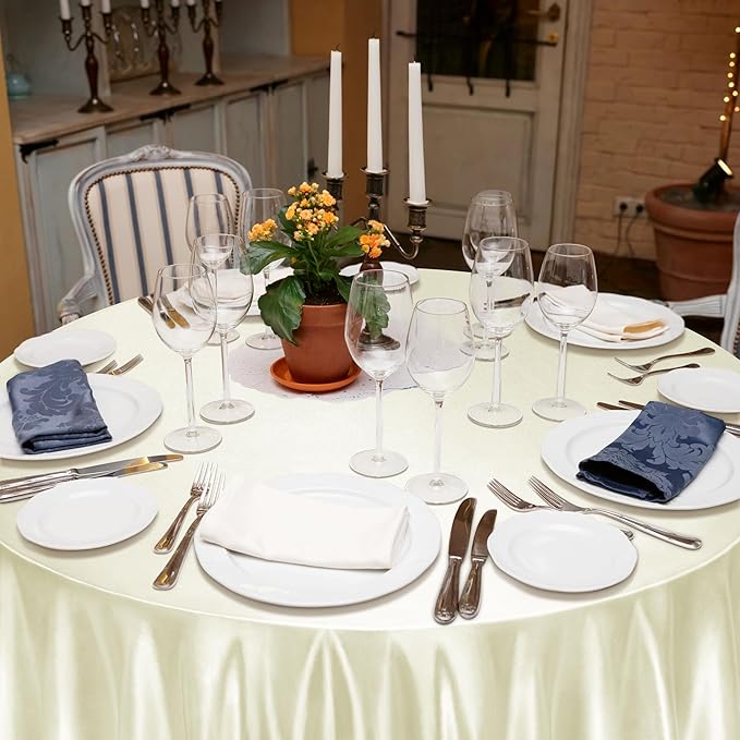 Ruisita 120 Inches Round Satin Tablecloths Ivory Overlay Round Satin Table Cover Bright Silk Smooth Fabric Tablecloth for Wedding Banquet Tables Decoration