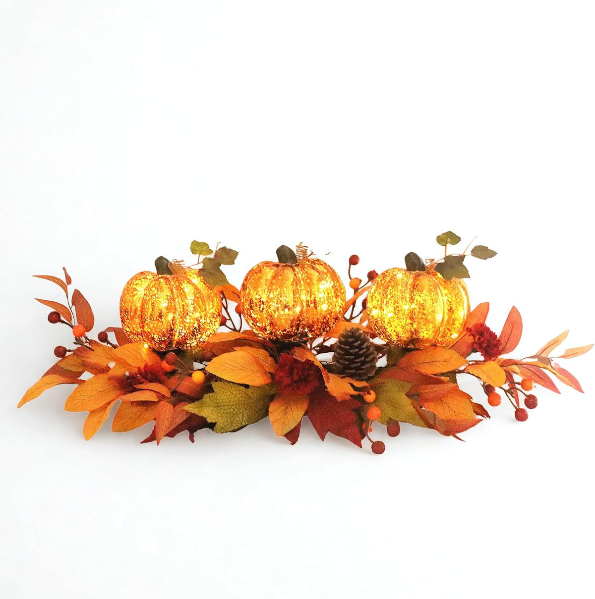LED Lighted Pumpkin Fall Centerpiece with Maple Leaves, Berries & Pinecon...