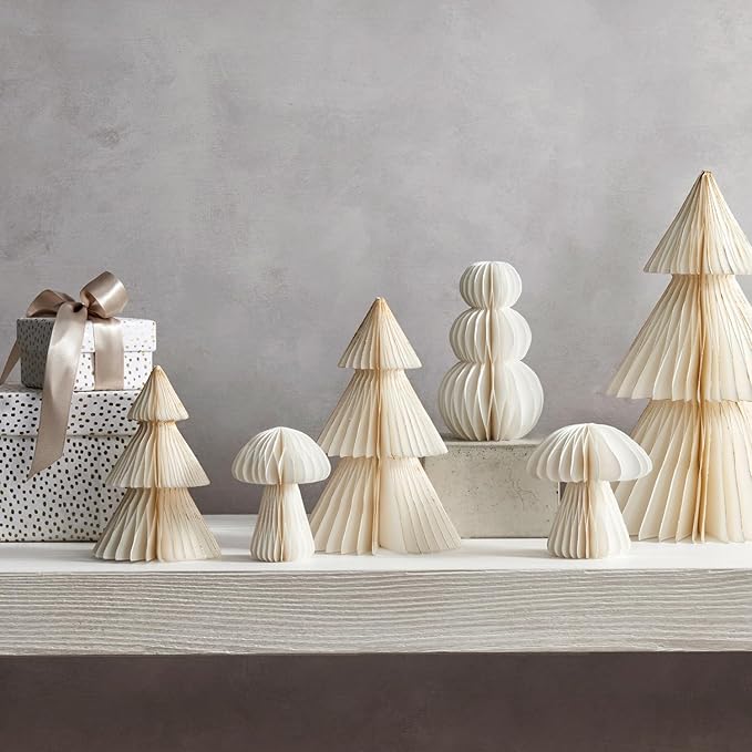 LampLust White Honeycomb Paper Trees, 2 Pack, 10 & 12 Inch, Winter Ornaments, Winter Decorations for Home and Mantel Decor, Winter Wonderland Decorations
