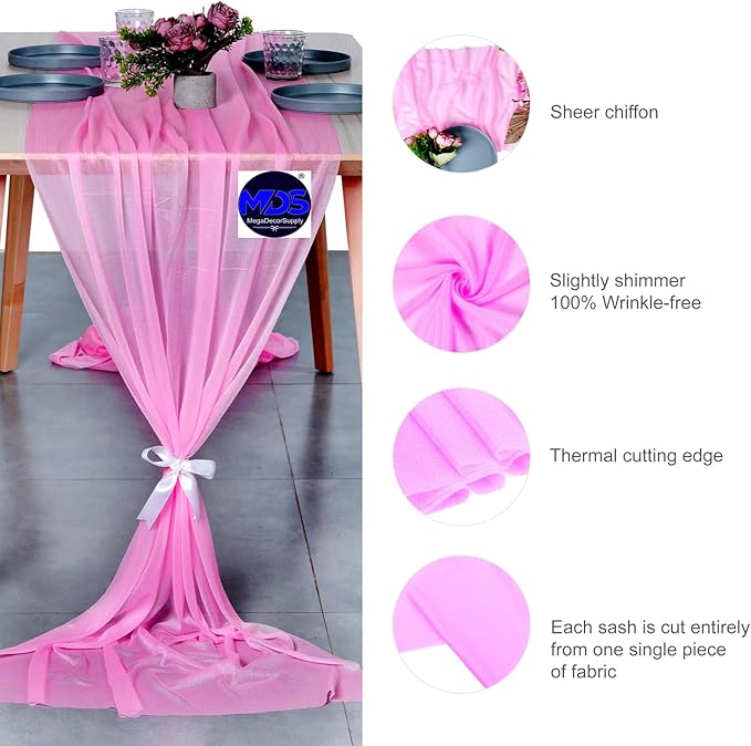 MDS 25 Pack 10ft Chiffon Table Runner 29 x 120 Inches Sheer Wedding Runner Romantic Rustic Table Runner for Wedding Decorations, Birthday Parties, Bridal Shower Party Arch Decor - Bubblegum Pink