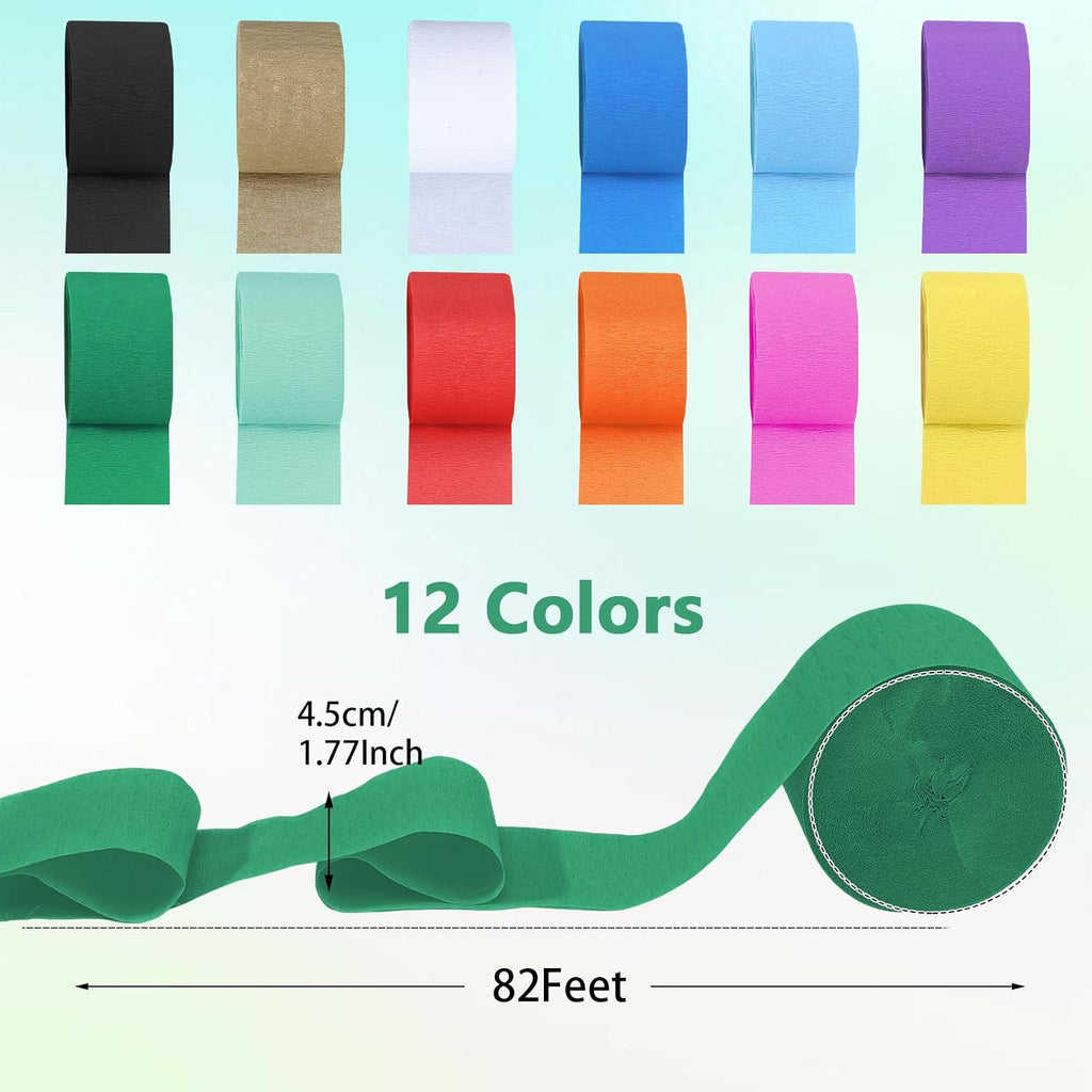 Crepe Paper Streamers 12 Rolls 984ft, 1.77 in x 82 ft, Rainbow Colors | Lightweight Paper, 12 Assorted Colors, Easy to Hang for Birthdays, Weddings, Baby Showers and DIY Crafts