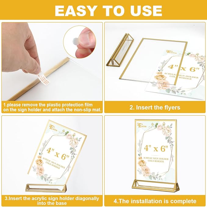 EHWINE 24 Pack Acrylic Sign Holder 4 x 6, Double Sided Gold Picture Frame Stand up Table Top Sign Holders, Clear Display Stand Menu Flyer Holder for Wedding Party