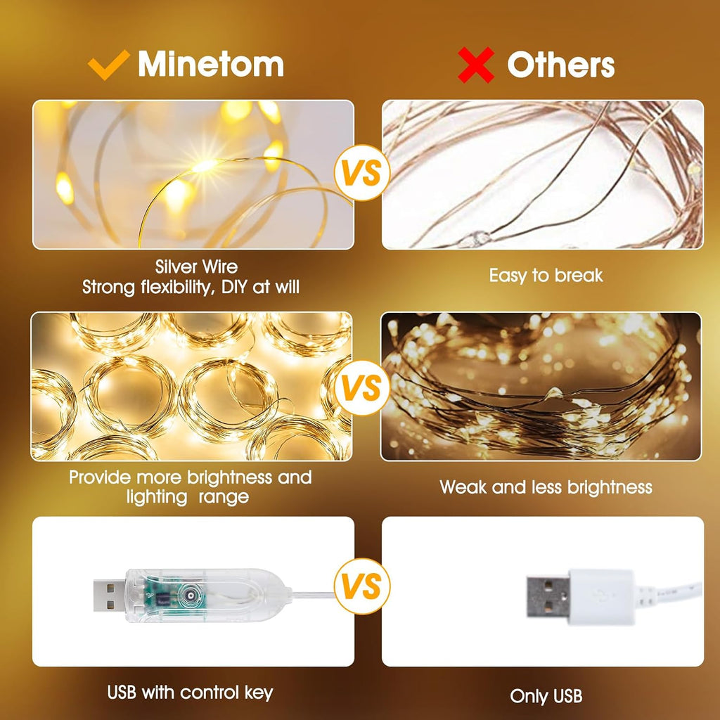 Minetom Curtain Lights, 300 LED Dimmable Fairy Lights Twinkle Lights with Remote and Timer, 8 Modes, USB Powered String Lights for Room Wall Party Christmas Indoor Decor, Warm White
