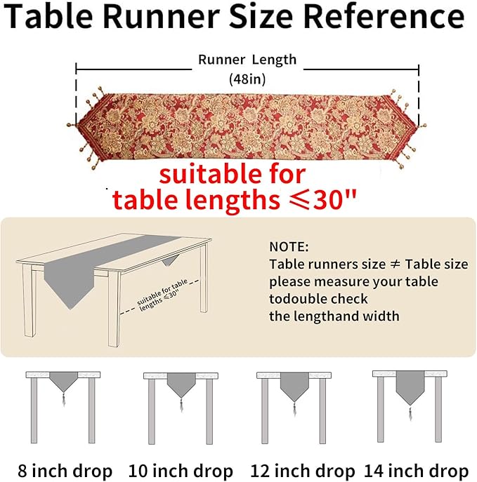 Luxury Vintage Table Runner 48 inches Long Embroidery Jacquard Fabric with Multi-Tassels Table Runners for Dining Room Dresser Wedding Christmas Thanksgiving Party Decorations (Red, 12X48inch)