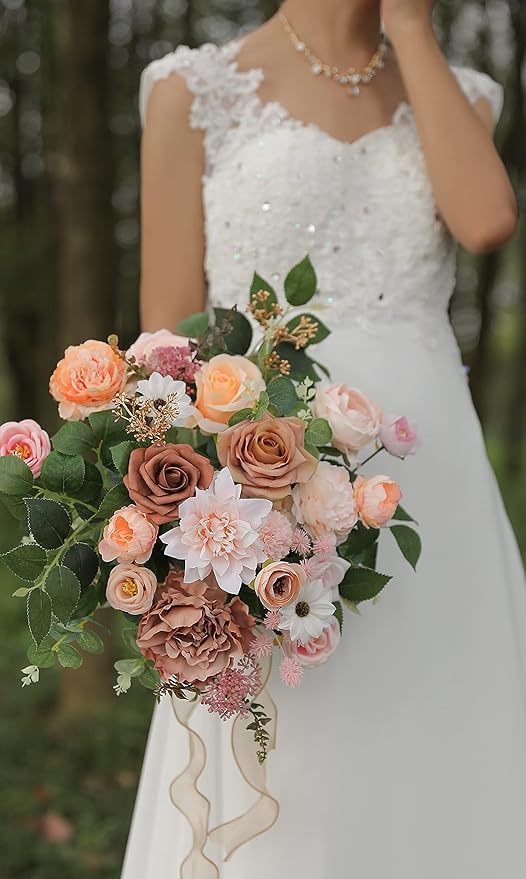 SERRAFLORA Artificial Flowers Combo Box Set Faux Flowers Bulk Flower Leaf with Stems for DIY Wedding Bouquets Centerpieces Baby Shower Party Home Decorations(Champagne Pink)